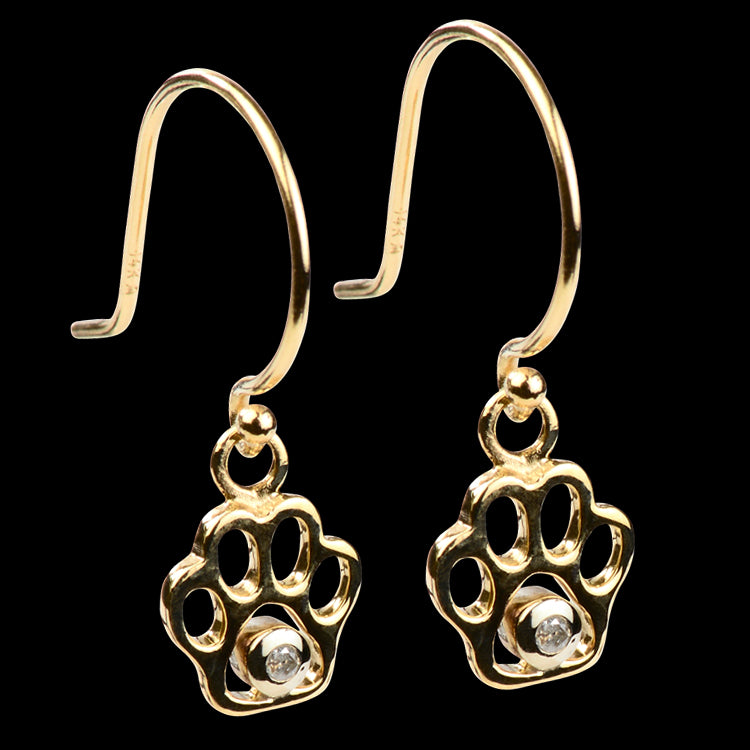 14K Gold and Diamond Paw Print Earrings