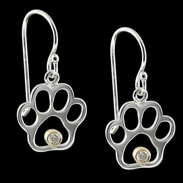 Large Silver & 14K Gold Diamond Paw Print Earrings