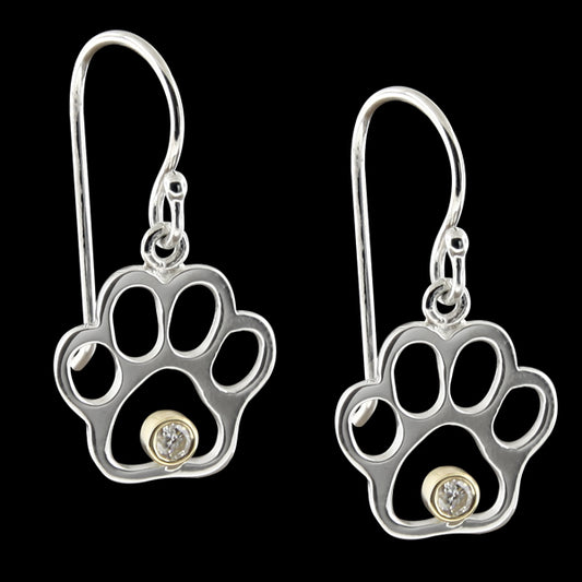 Large Silver & 14K Gold Diamond Paw Print Earrings