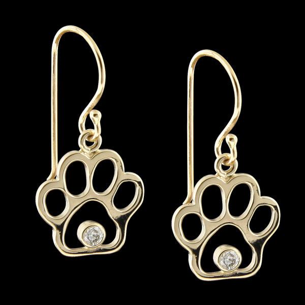 Large 14K  & Diamond Paw Print Earrings